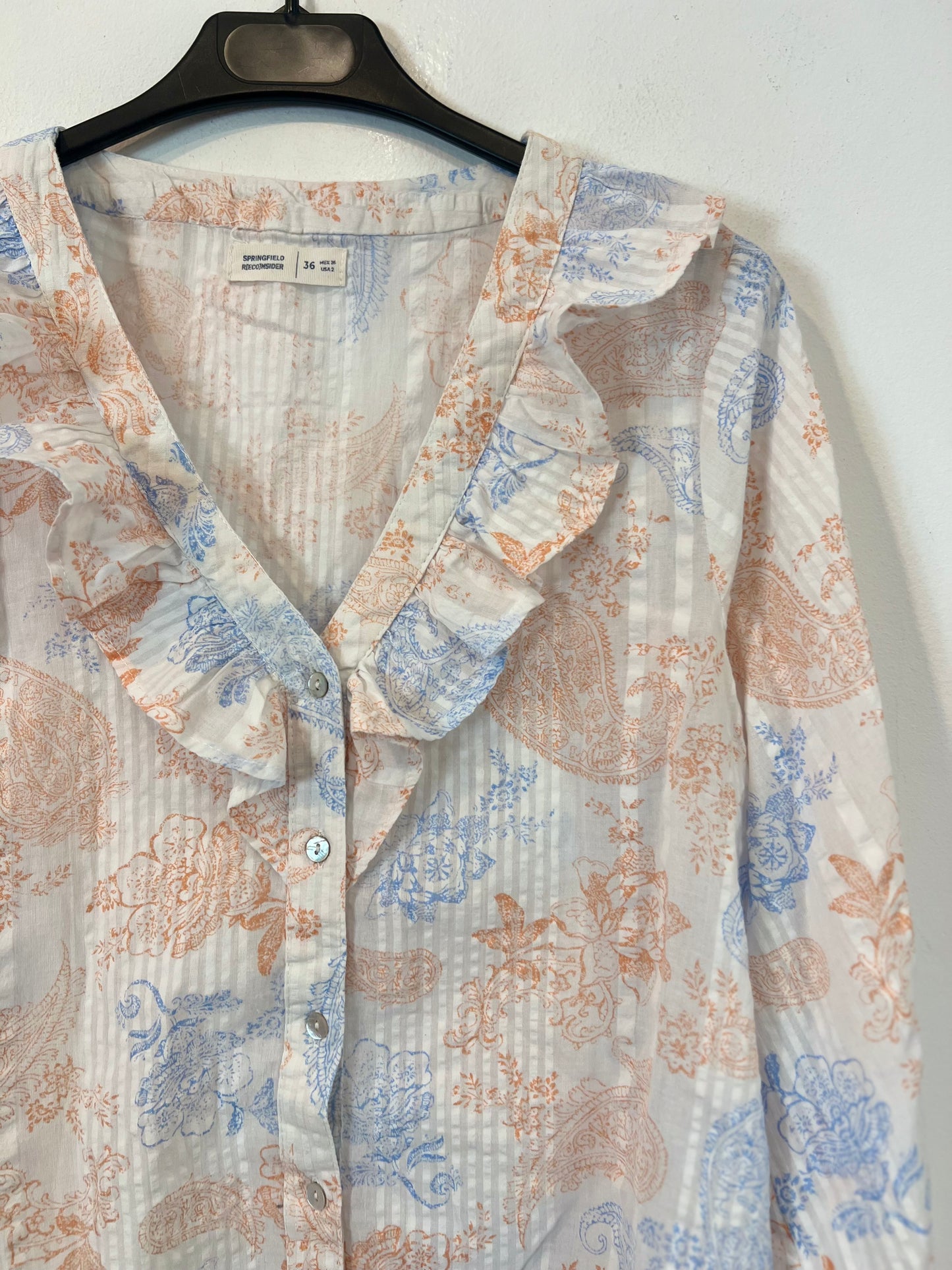 SPRINGFIELD. White blouse with blue and orange flowers, size 36