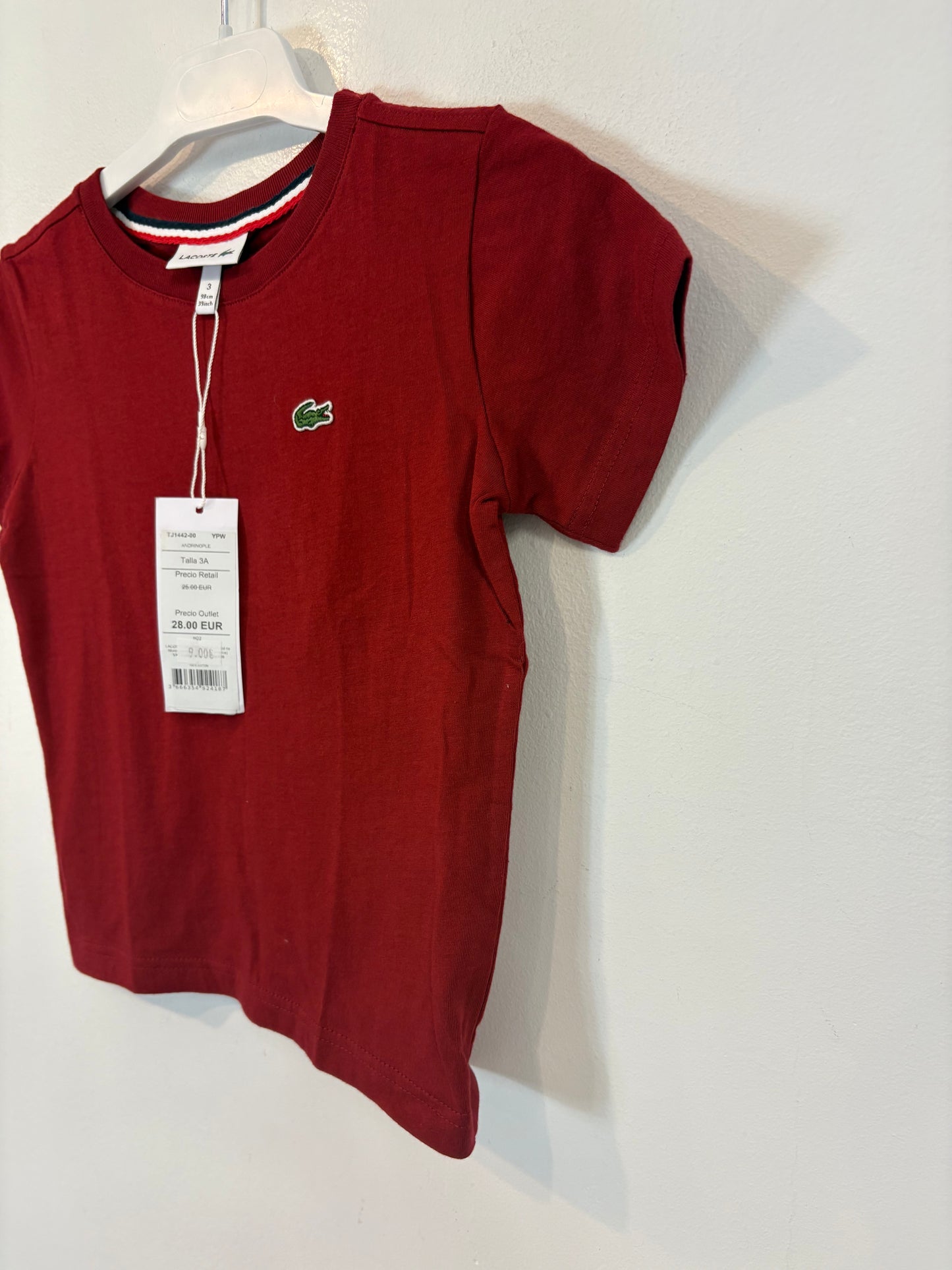 LACOSTE. Camiseta burdeos logo. T 3 años