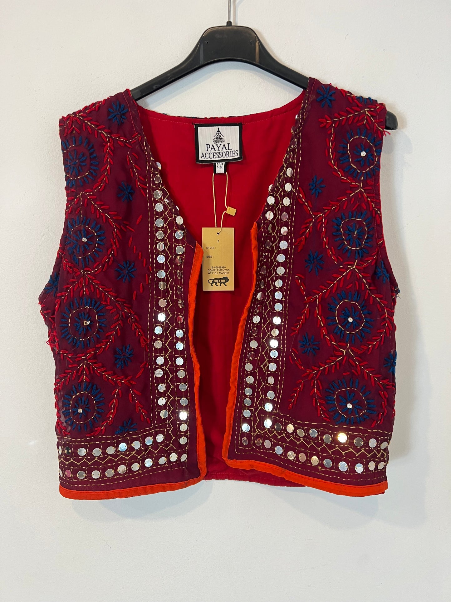 OTRAS. Chaleco bordados tonos rojos. T S/M