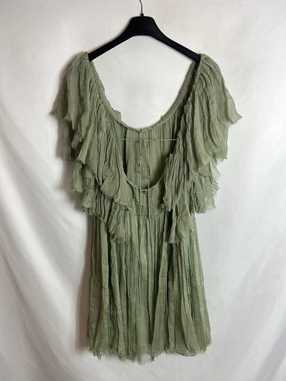 TOPSHOP. Vestido corto seda verde detalle espalda. T 36