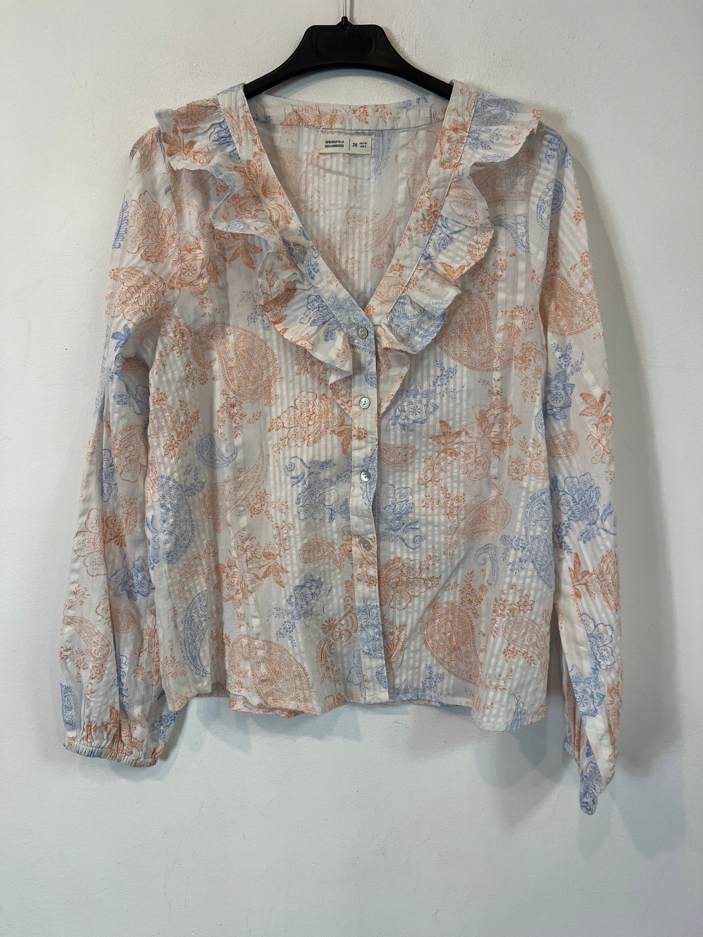 SPRINGFIELD. White blouse with blue and orange flowers, size 36
