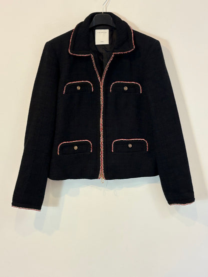 SANDRO. Chaqueta negra tweed bolsillos