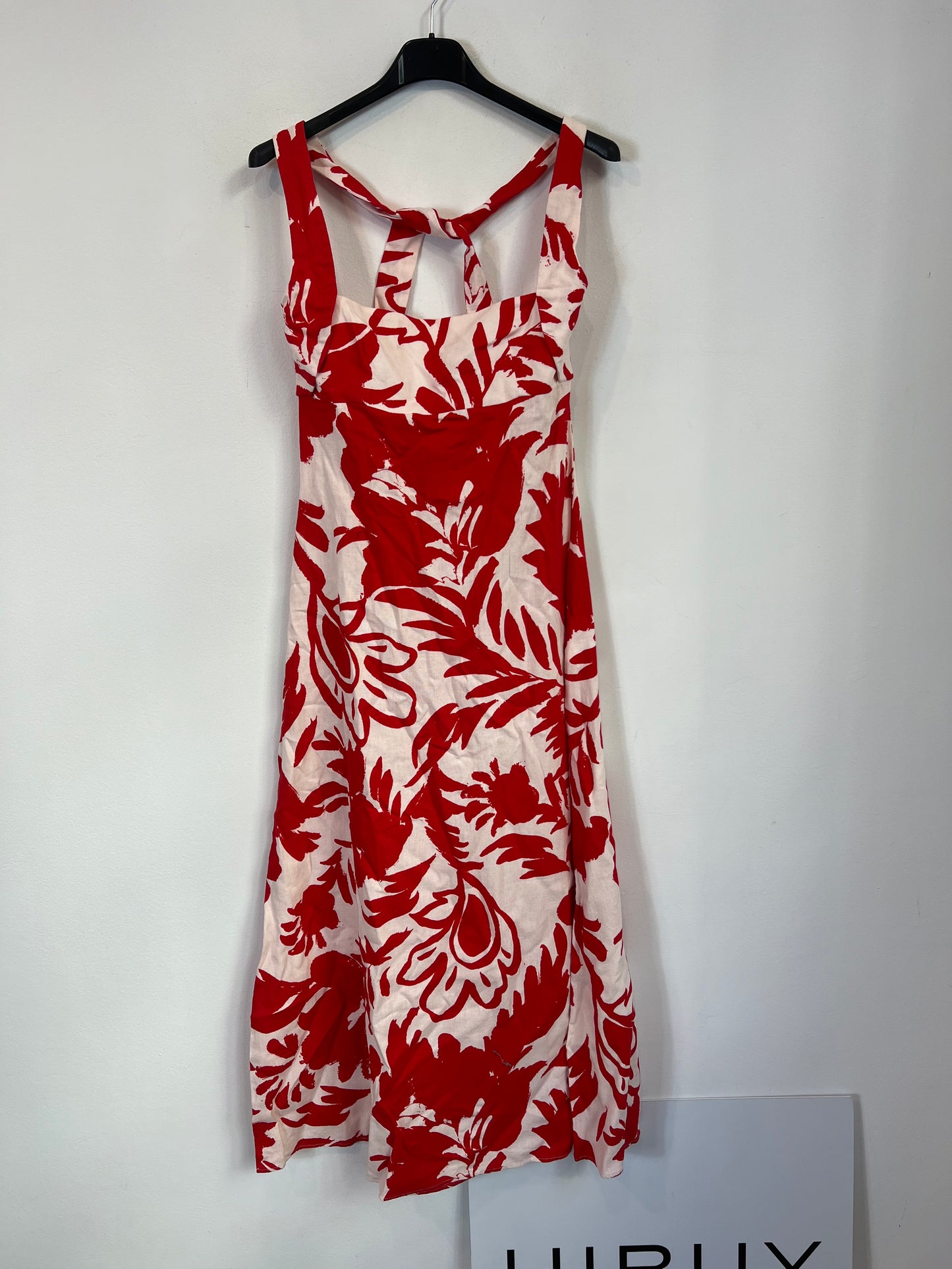 ZARA. Vestido flores rojas con lino T.xs