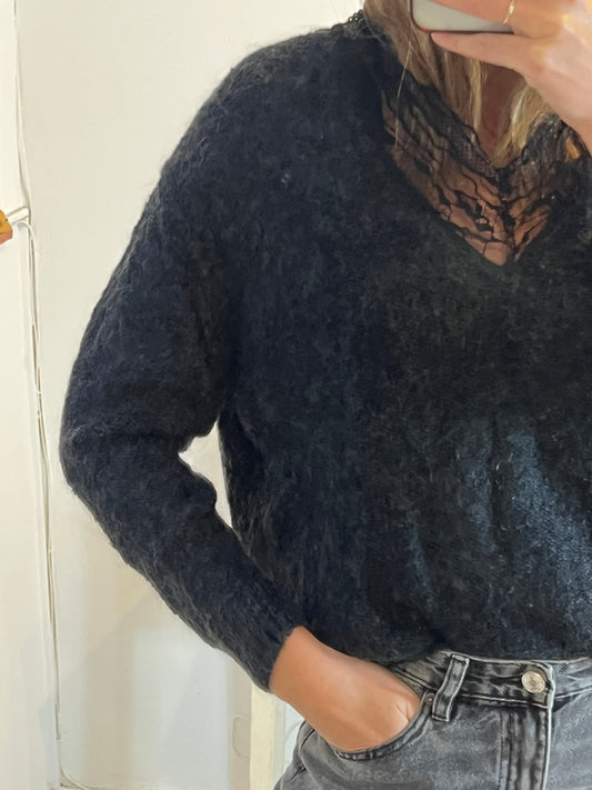 IRO.Black V-neck lace jersey S.XS