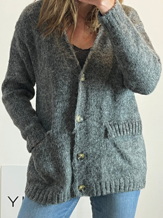 ZARA. Cárdigan gris jaspeado bolsillos. T M