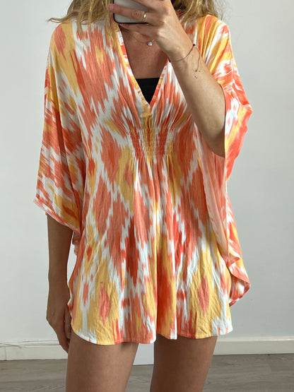 MELISSA ODABASH. Printed kaftan-style short dress. TM