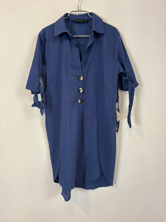 ZARA. Vestido corto azul  con lino
