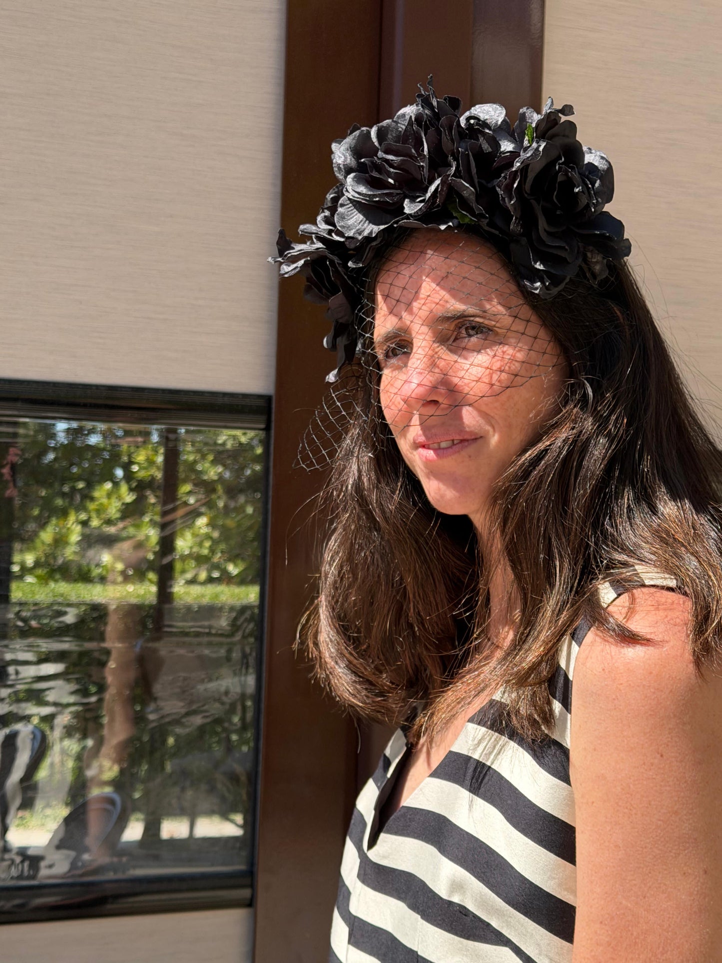 MASARIO. Black floral headdress
