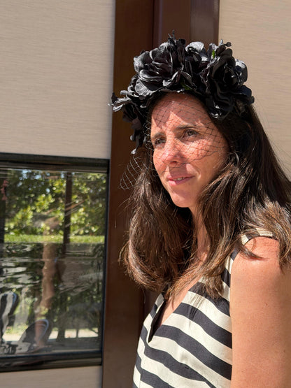 MASARIO. Black floral headdress