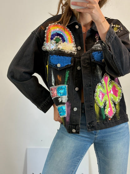 PETRA HOFFMAN, Cazadora denim negra dibujos. T S/M