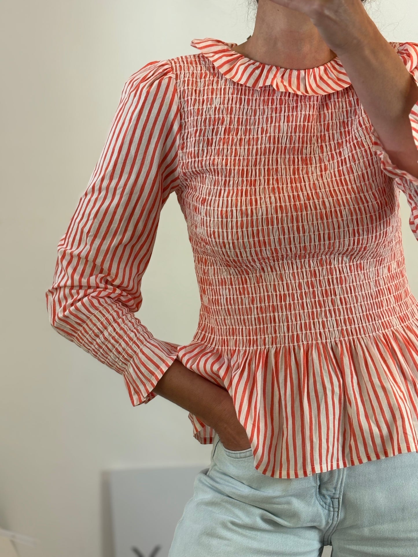 MARÍA DE LA ORDEN. Blusa rayas nido de abeja