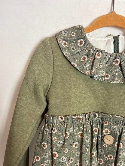 ANCAR. Vestido felpa y flores verdes T. 3 años