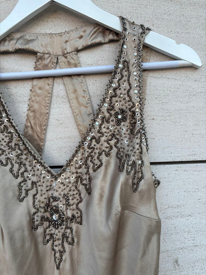 VERSACE Jeans Couture. Vestido de cóctel de seda beige con bordados