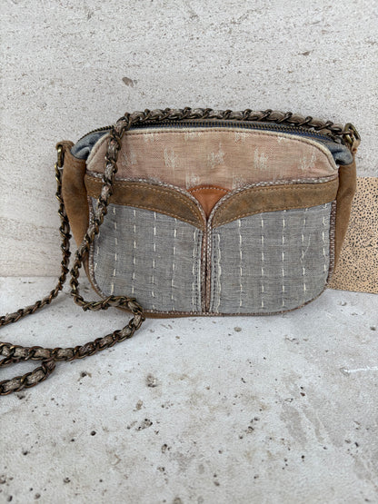 SESSÚN. Bolso bandolera tela y piel