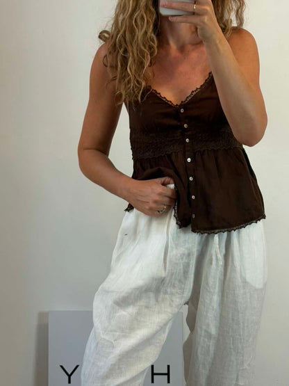 ZARA. Top marrón algodón encaje