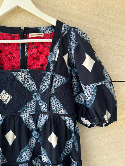 ULLA JOHNSON. Vestido azul estampado detalle escote. T 2 (S/M)