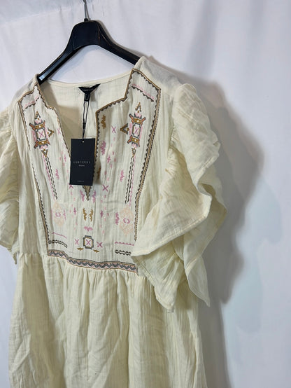 CORTEFIEL. Vestido beige corto bordado T.s