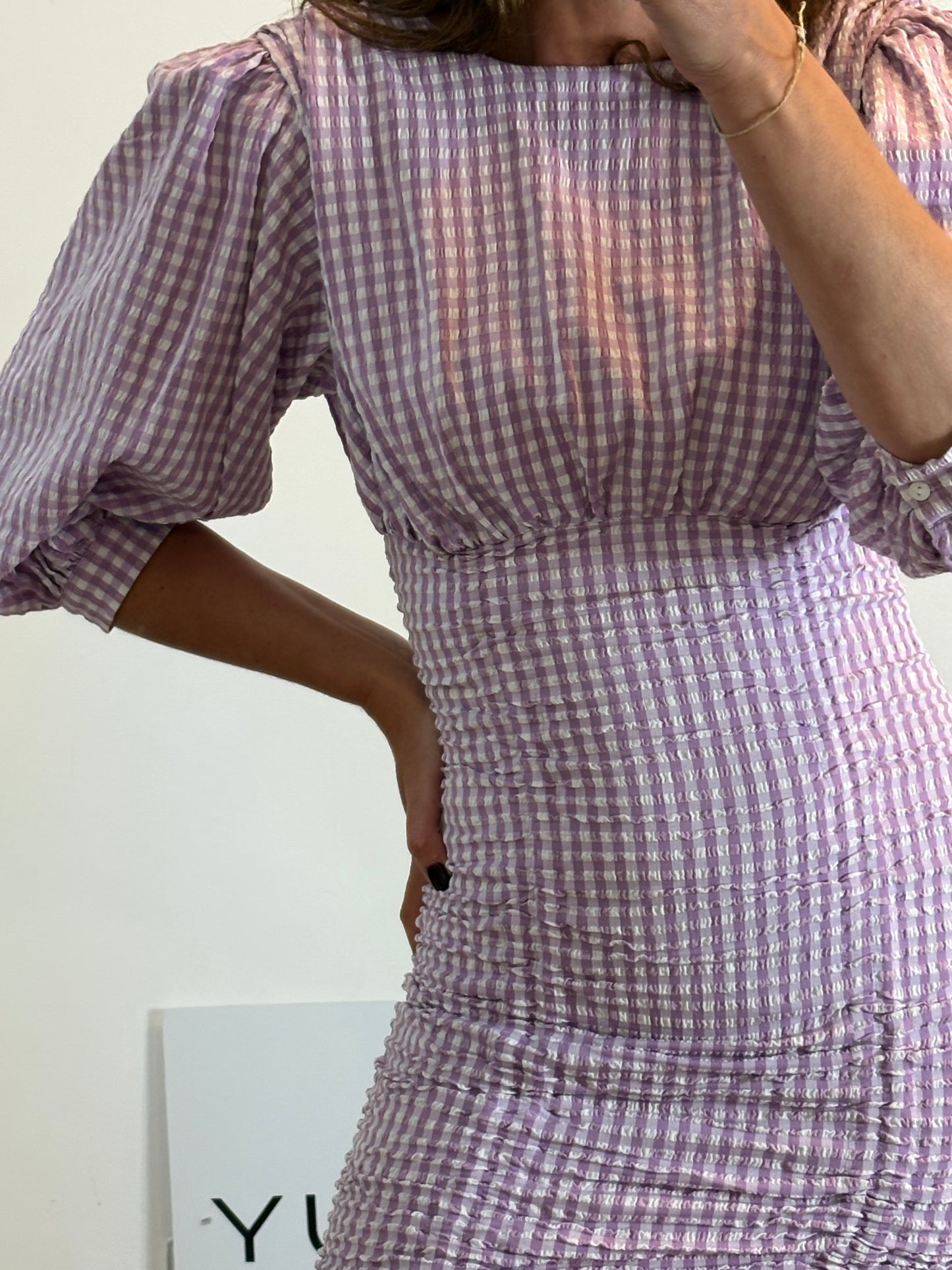 ZARA. Vestido vichy morado elástico. T XS