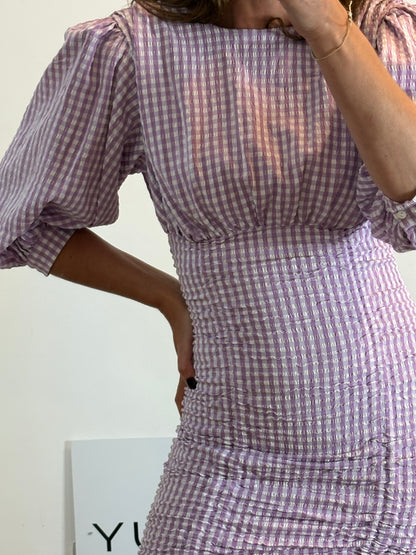 ZARA. Vestido vichy morado elástico. T XS