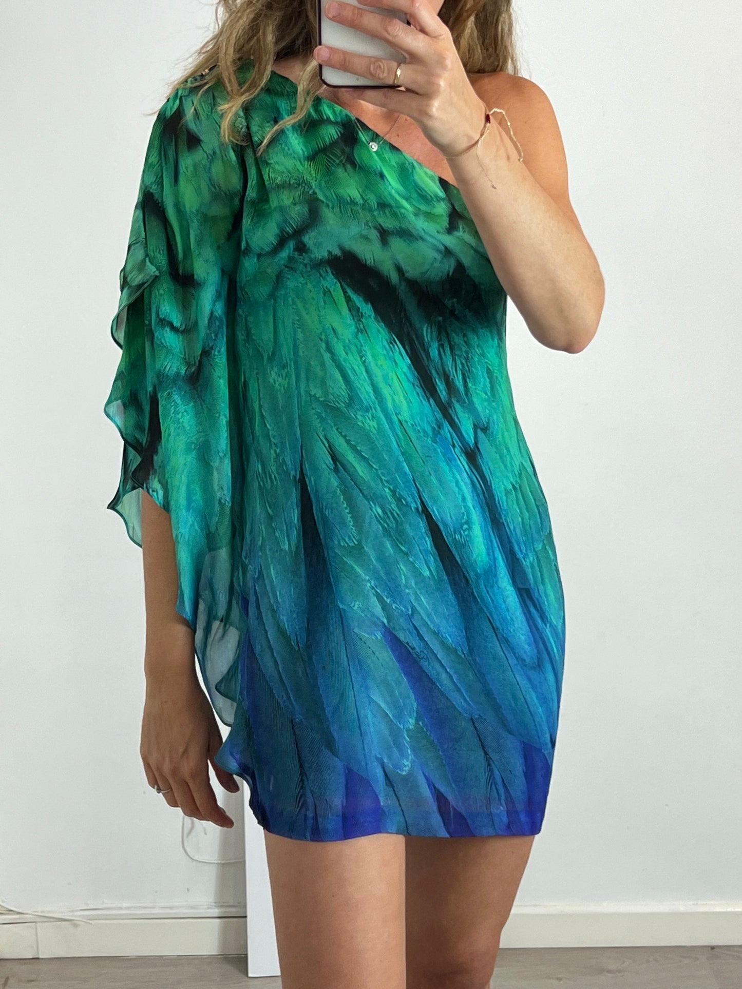 ROBERTO CAVALLI. Asymmetrical silk short dress. Size 40