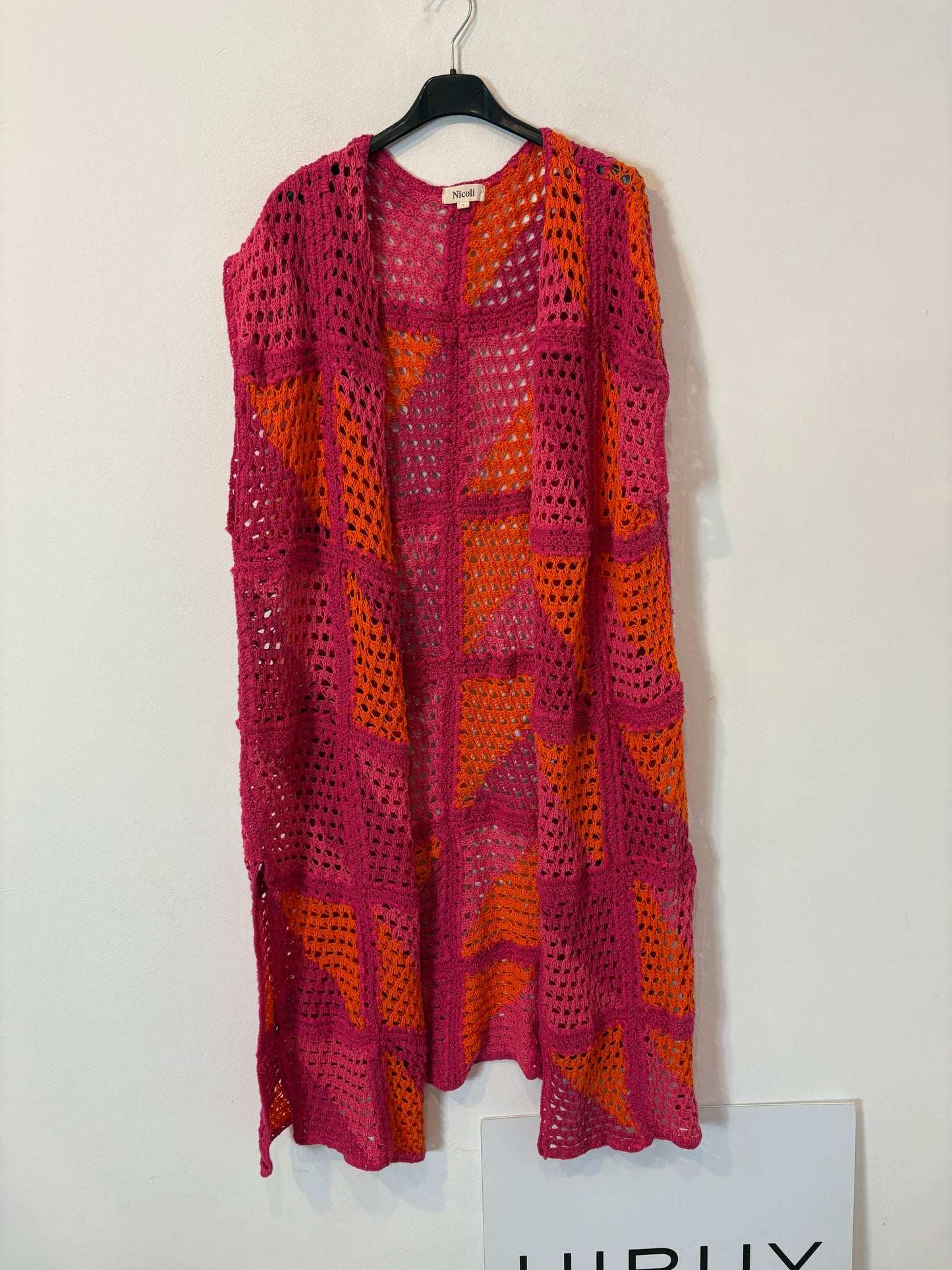 NICOLI. Kimino largo crochet bicolor
