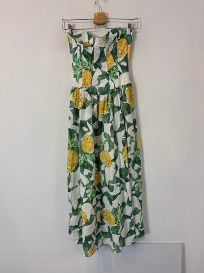 ZARA. Vestido midi palabra de honor estamapdo tropical