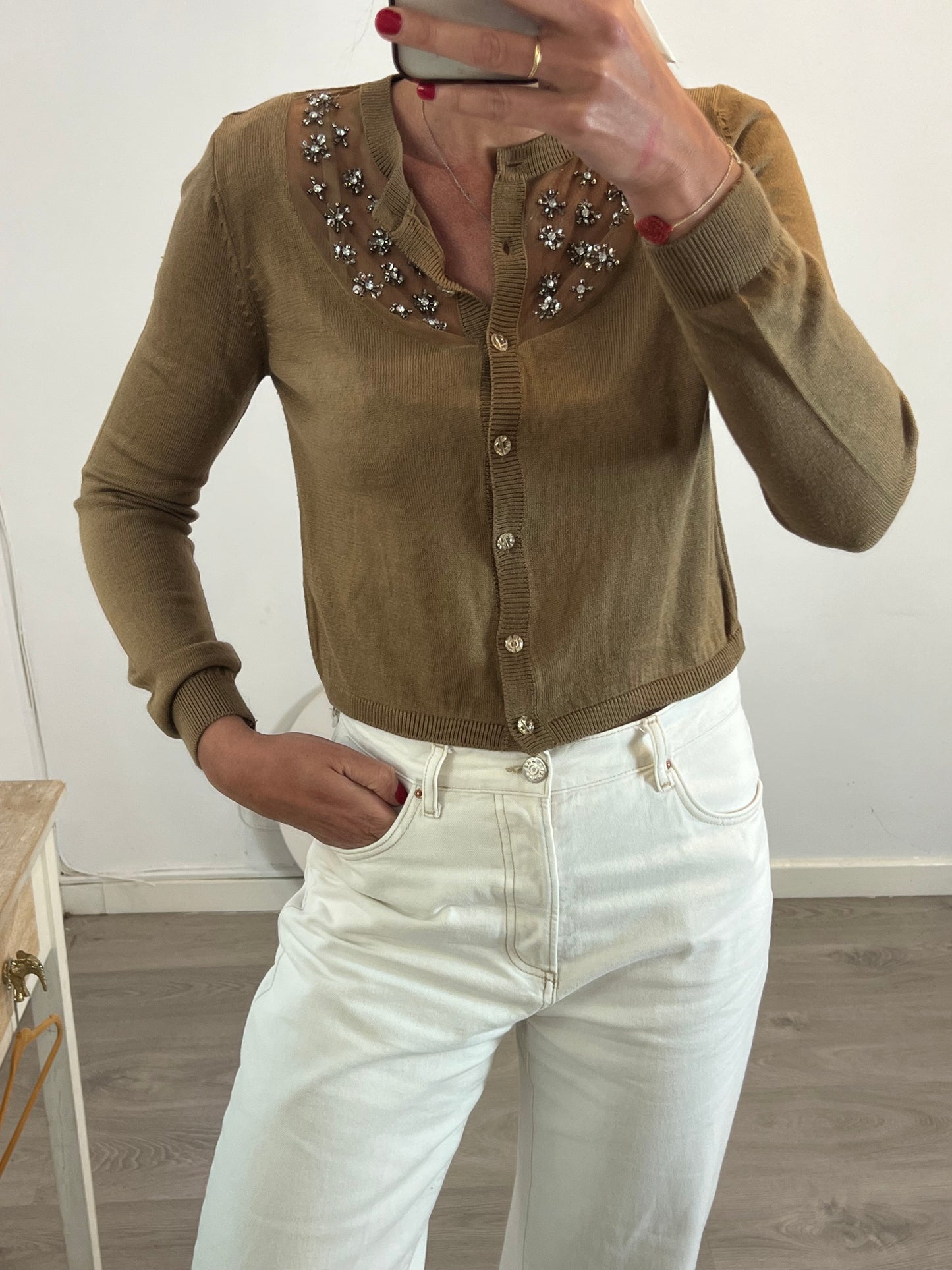 ZARA. Jersey beige abalorios T.l