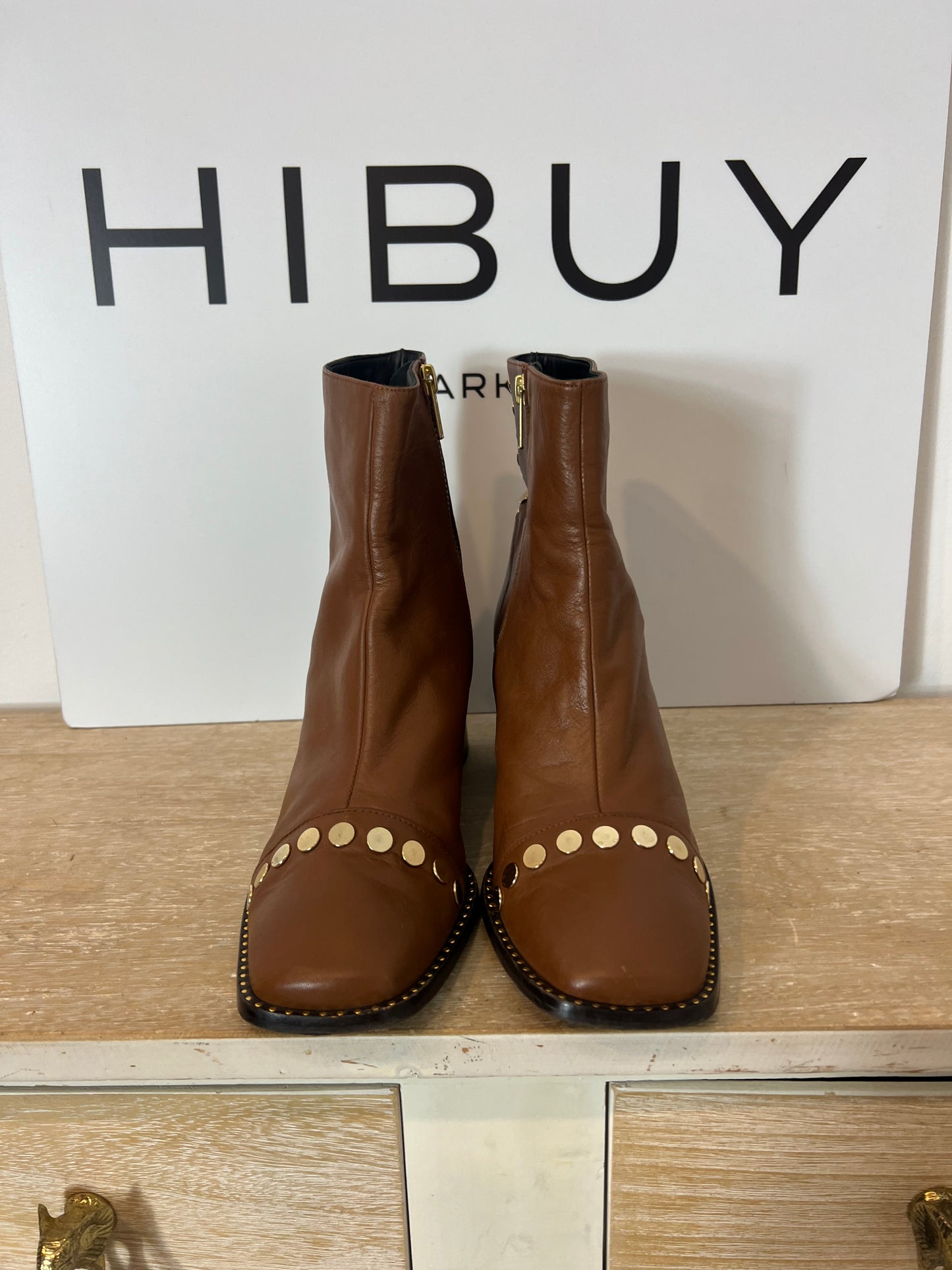 MICUIR. Camel ankle boots with gold studs, size 38