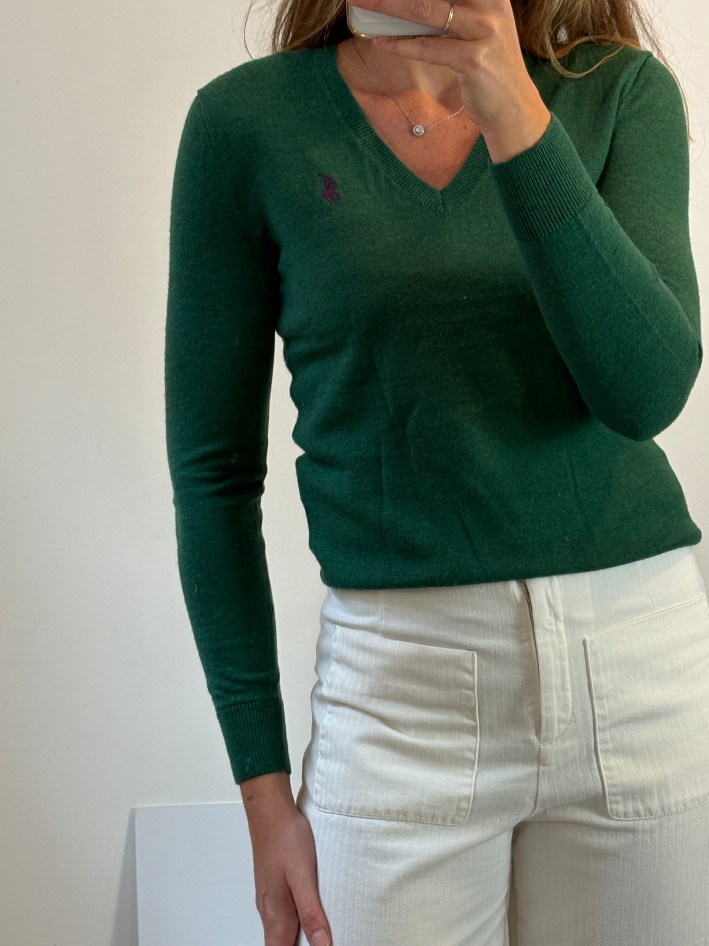 RALPH LAUREN SPORT. Jersey verde lana cuello pico