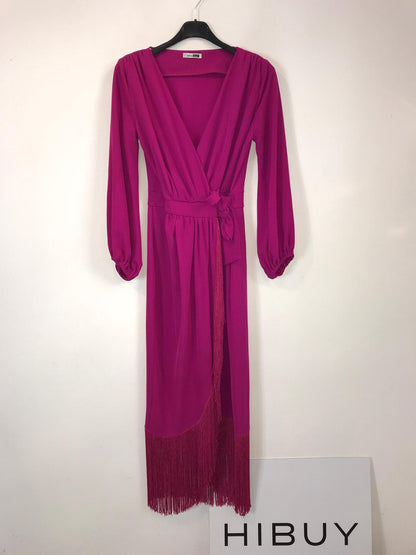 CAYMAA CLOSET. Vestido midi cruzado flecos