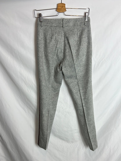 GEORGES RECH. Total look gris jaspeado y flecos en piel. T 36