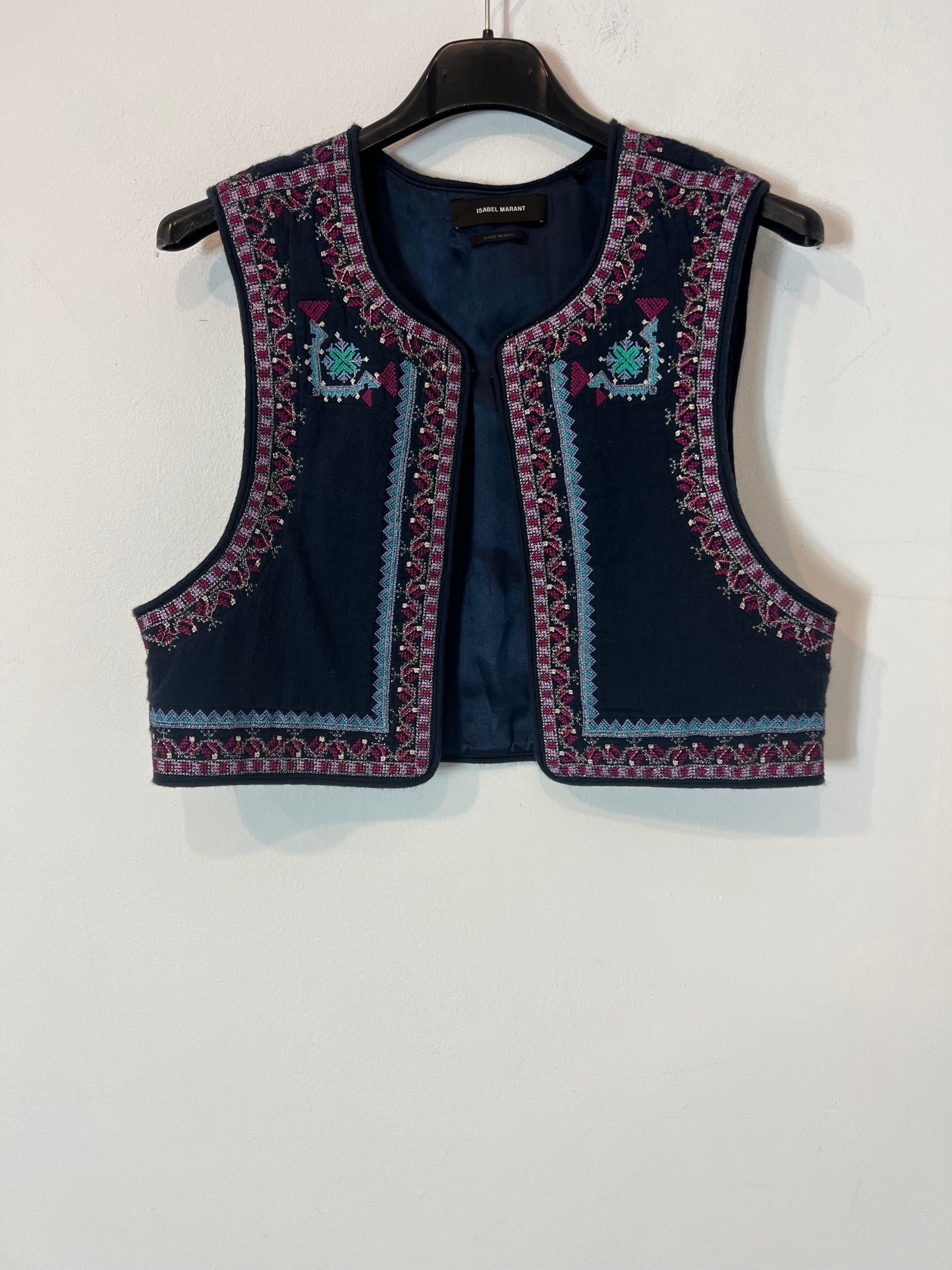 ISABEL MARANT. Chaleco azul bordado algodón T.34