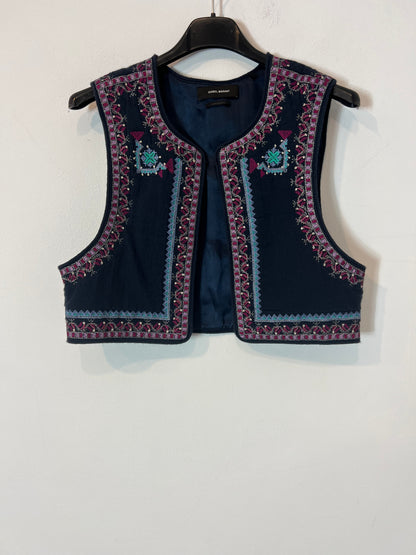 ISABEL MARANT. Chaleco azul bordado algodón T.34
