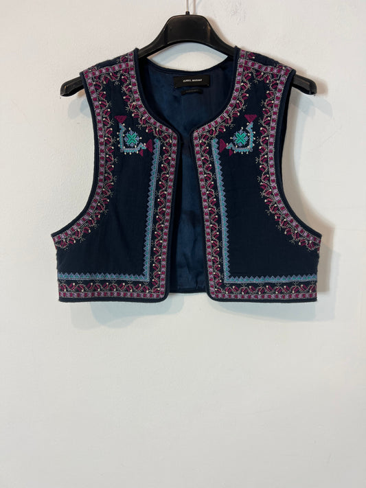 ISABEL MARANT. Chaleco azul bordado algodón T.34