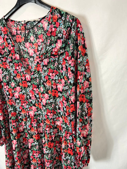 ZARA. Vestido negro flores T.s