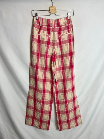 SÉZANE. Pantalón textura cuadros beige y rosa. T 36