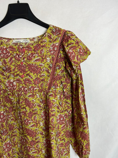 PULL&BEAR. Blusa verde flores T.m