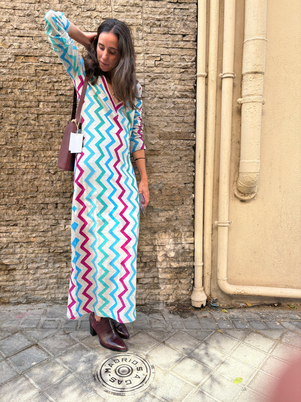 MICHONET. Vestido largo algodón zig zag