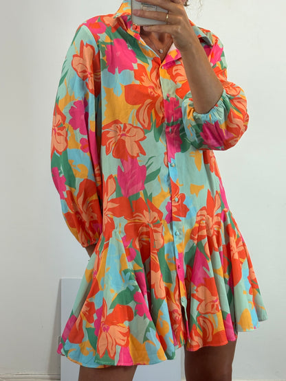 LILY ROSE. Vestido vuelo fucsias. T L