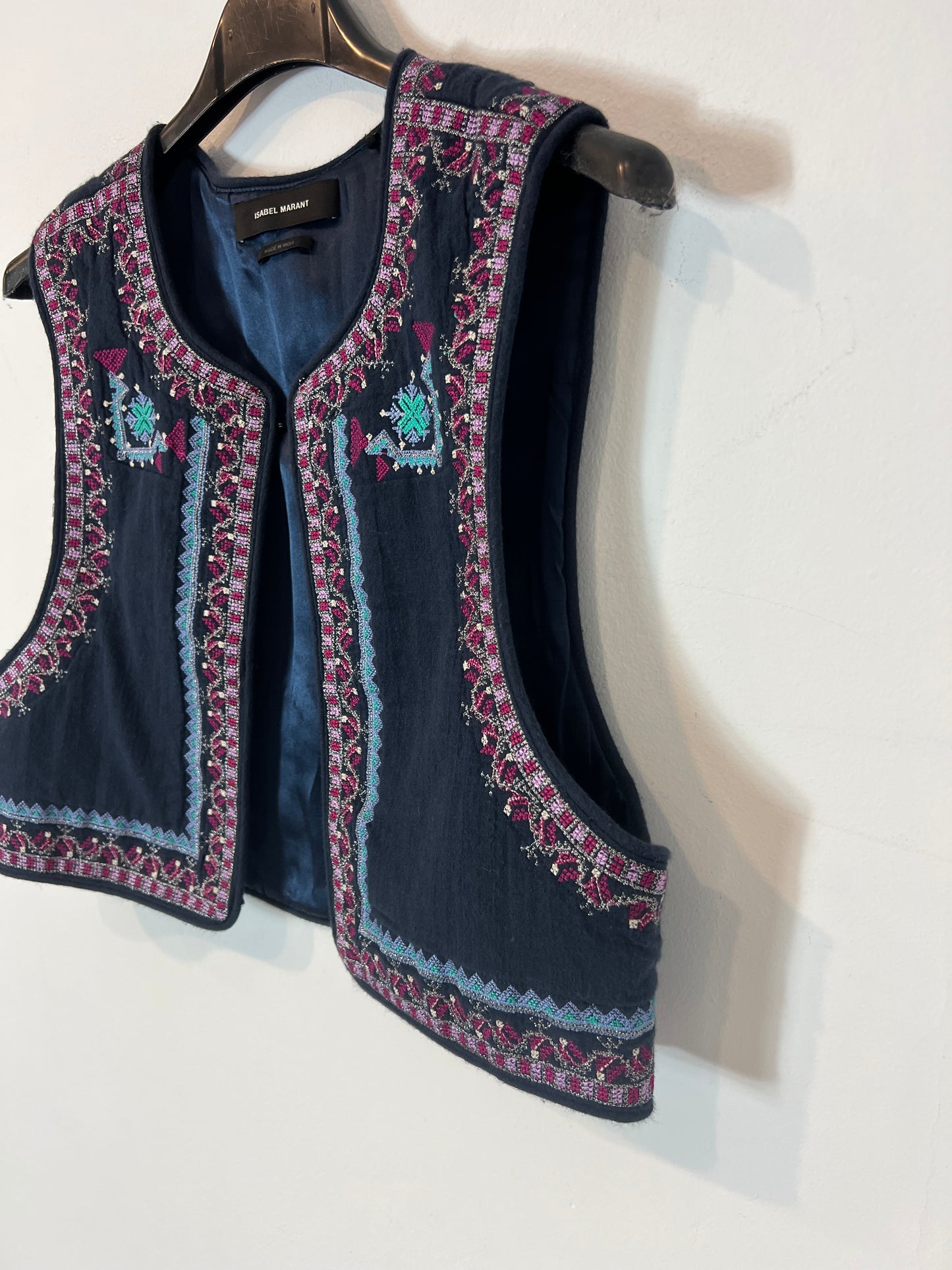 ISABEL MARANT. Chaleco azul bordado algodón T.34