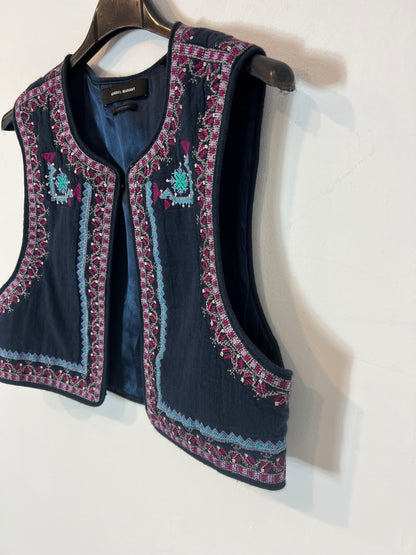 ISABEL MARANT. Chaleco azul bordado algodón T.34