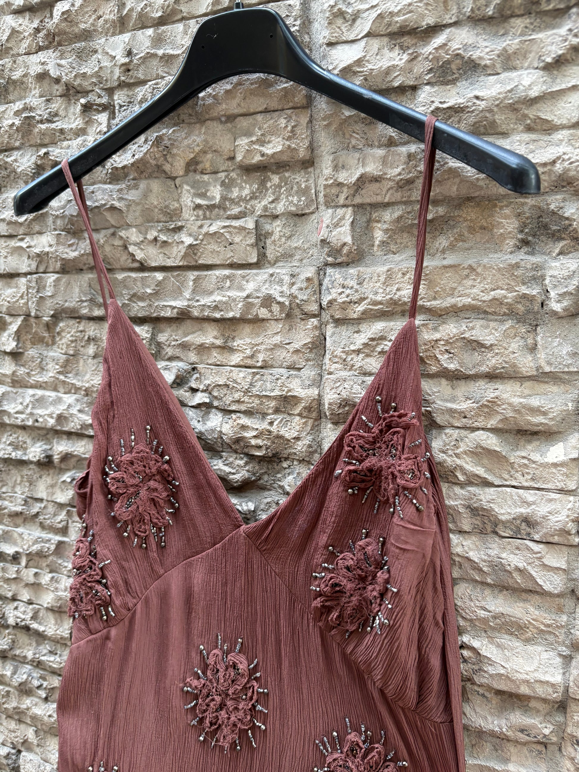 zara brown dress with beads Zara brown rustic beaded dress
