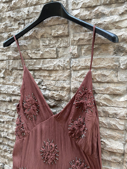 ZARa. Vestido marrón abalorios T.s