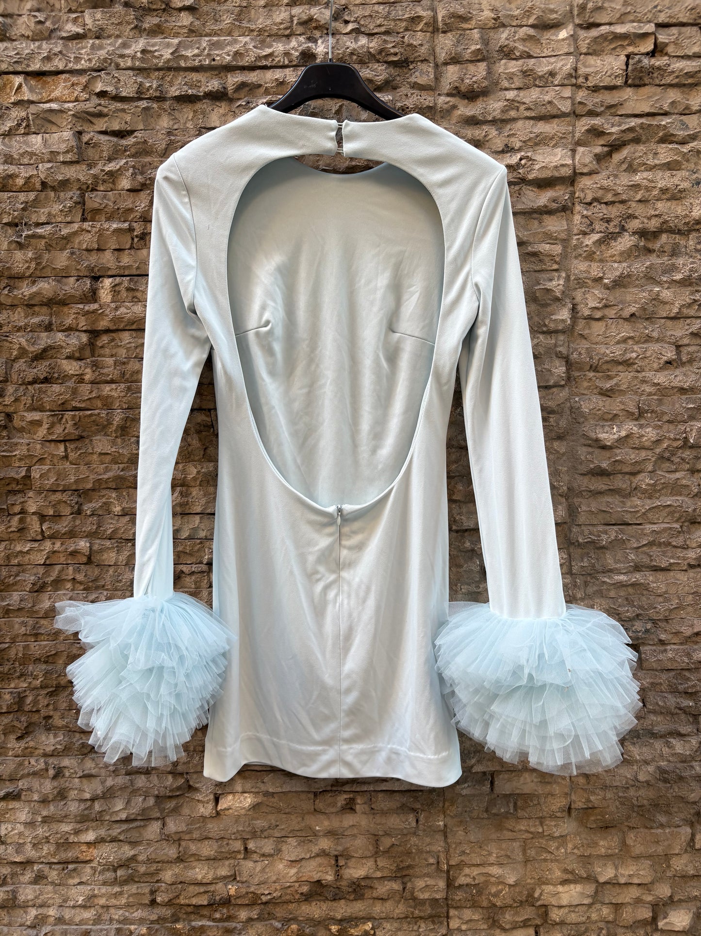 ZARA. Light blue fitted dress with tulle sleeves. XS