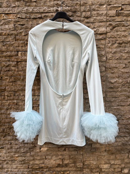 ZARA. Light blue fitted dress with tulle sleeves. XS
