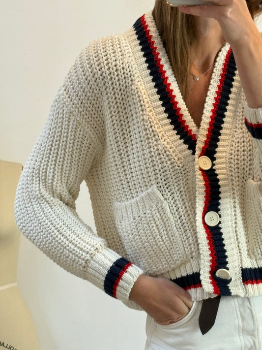 ZARA. Chaqueta punto beige rayas