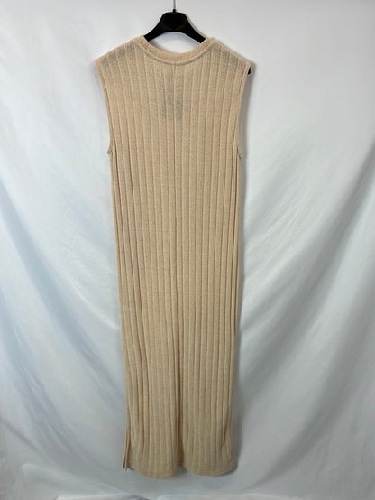 H&M. Vestido canalé beige largo. T S