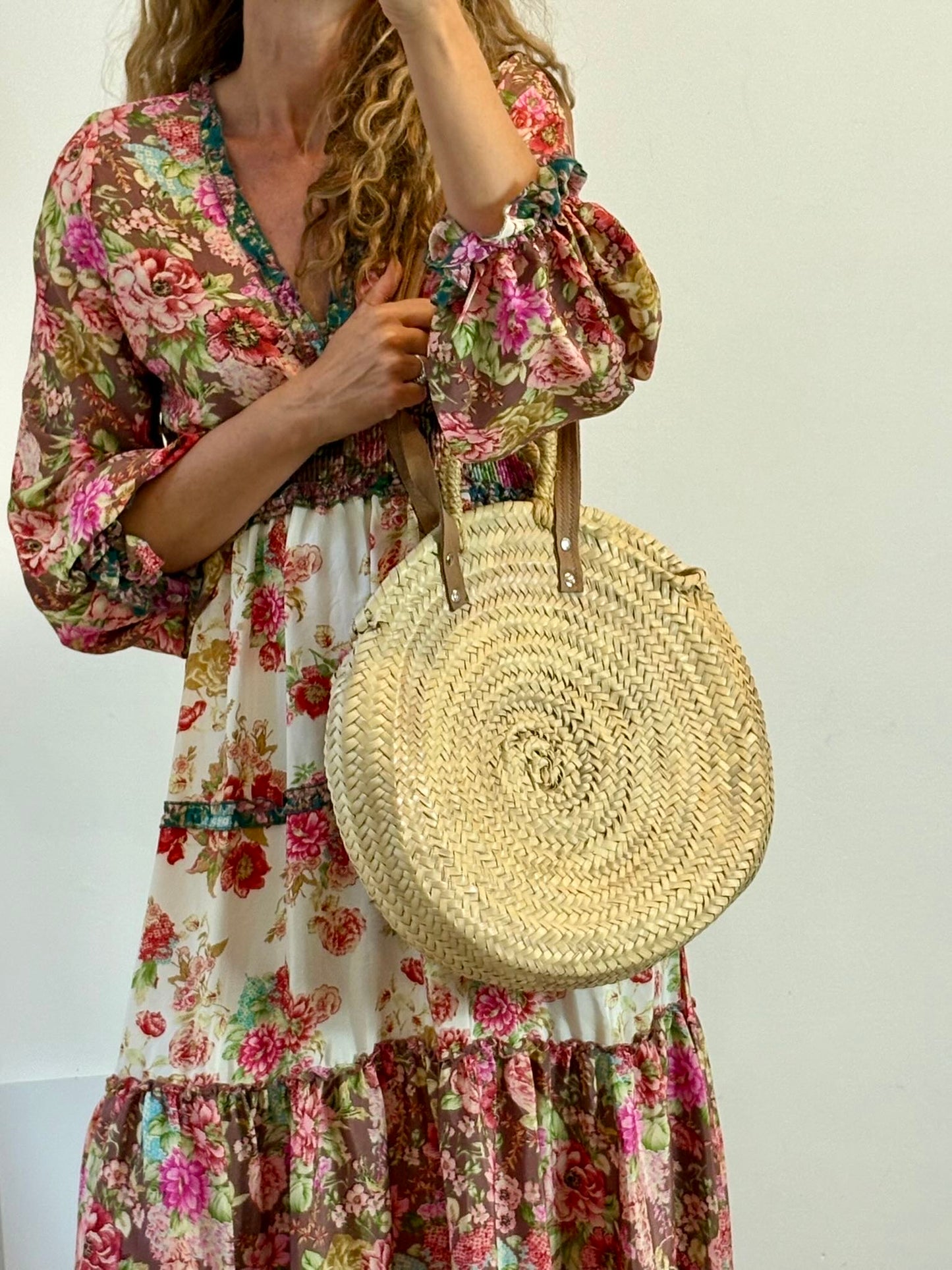 Bolso redondo paja doble asa en piel