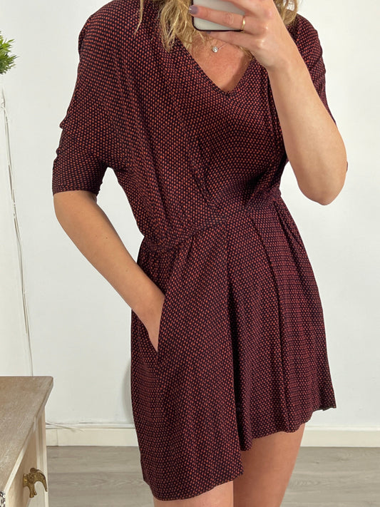 MAJE. Short, flowing black printed dress. Size 1 (S)