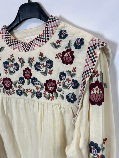 LOUISE MISHA. Blusa beige bordada T.34